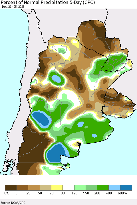 Southern South America Percent of Normal Precipitation 5-Day (CPC) Thematic Map For 12/21/2023 - 12/25/2023