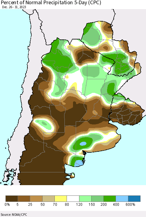 Southern South America Percent of Normal Precipitation 5-Day (CPC) Thematic Map For 12/26/2023 - 12/31/2023