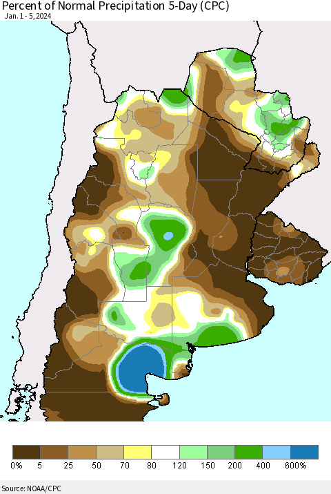 Southern South America Percent of Normal Precipitation 5-Day (CPC) Thematic Map For 1/1/2024 - 1/5/2024