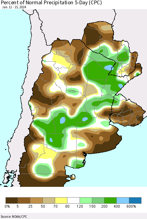 Southern South America Percent of Normal Precipitation 5-Day (CPC) Thematic Map For 1/11/2024 - 1/15/2024