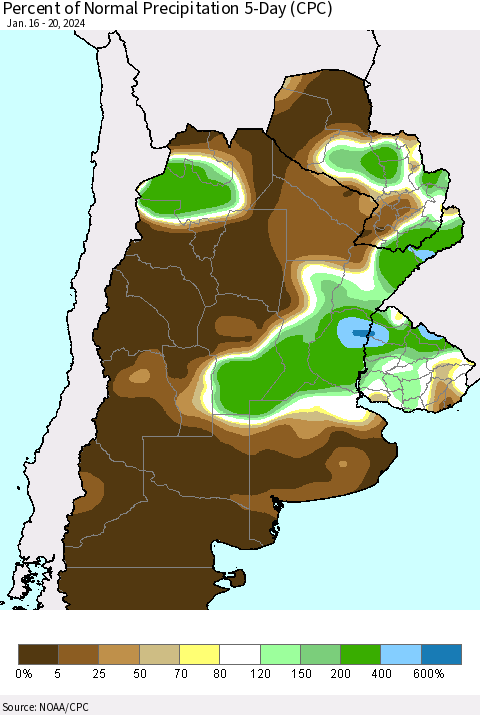 Southern South America Percent of Normal Precipitation 5-Day (CPC) Thematic Map For 1/16/2024 - 1/20/2024