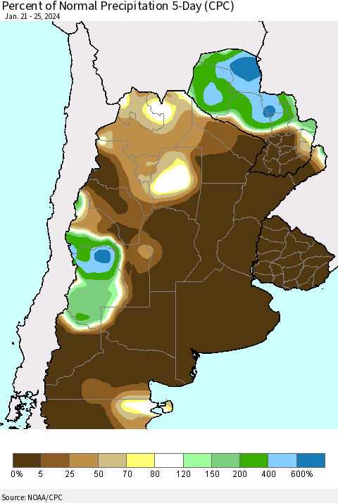 Southern South America Percent of Normal Precipitation 5-Day (CPC) Thematic Map For 1/21/2024 - 1/25/2024