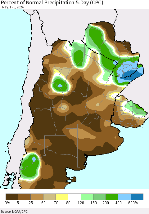 Southern South America Percent of Normal Precipitation 5-Day (CPC) Thematic Map For 5/1/2024 - 5/5/2024