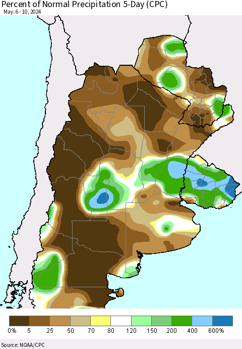 Southern South America Percent of Normal Precipitation 5-Day (CPC) Thematic Map For 5/6/2024 - 5/10/2024