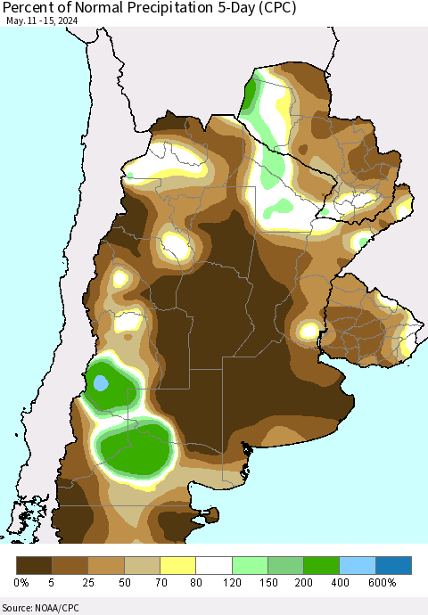 Southern South America Percent of Normal Precipitation 5-Day (CPC) Thematic Map For 5/11/2024 - 5/15/2024