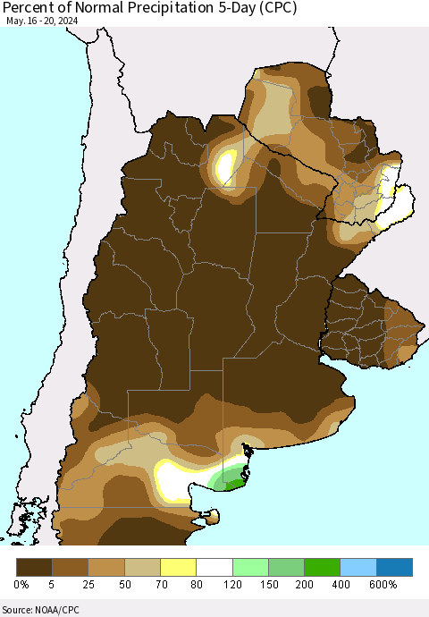 Southern South America Percent of Normal Precipitation 5-Day (CPC) Thematic Map For 5/16/2024 - 5/20/2024