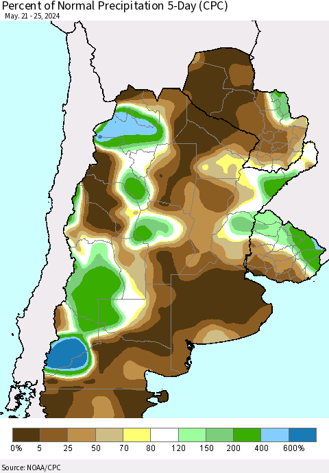 Southern South America Percent of Normal Precipitation 5-Day (CPC) Thematic Map For 5/21/2024 - 5/25/2024