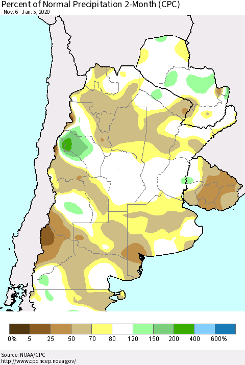Southern South America Percent of Normal Precipitation 2-Month (CPC) Thematic Map For 11/6/2019 - 1/5/2020