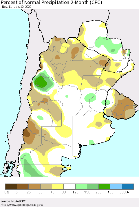 Southern South America Percent of Normal Precipitation 2-Month (CPC) Thematic Map For 11/11/2019 - 1/10/2020