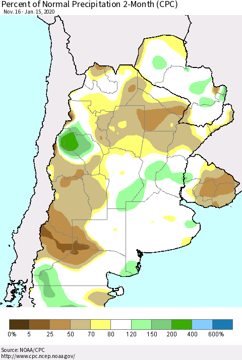 Southern South America Percent of Normal Precipitation 2-Month (CPC) Thematic Map For 11/16/2019 - 1/15/2020