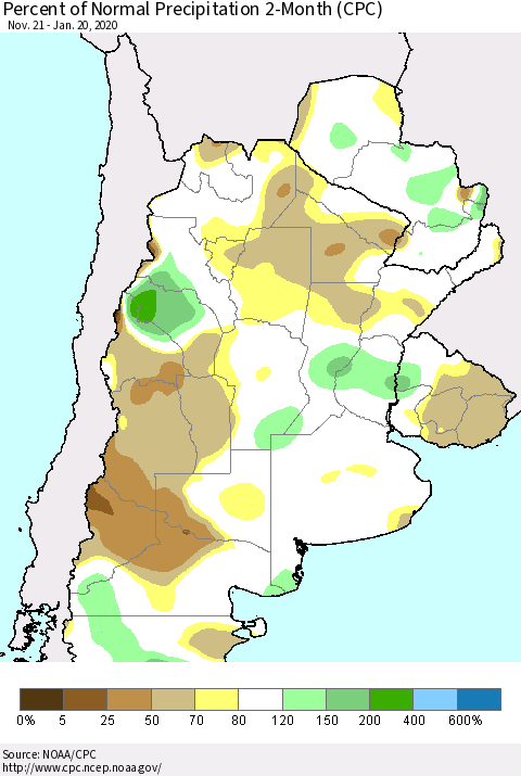 Southern South America Percent of Normal Precipitation 2-Month (CPC) Thematic Map For 11/21/2019 - 1/20/2020