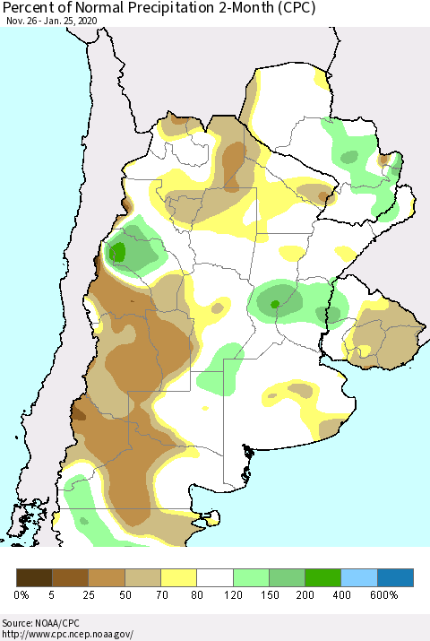 Southern South America Percent of Normal Precipitation 2-Month (CPC) Thematic Map For 11/26/2019 - 1/25/2020