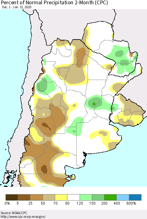 Southern South America Percent of Normal Precipitation 2-Month (CPC) Thematic Map For 12/1/2019 - 1/31/2020