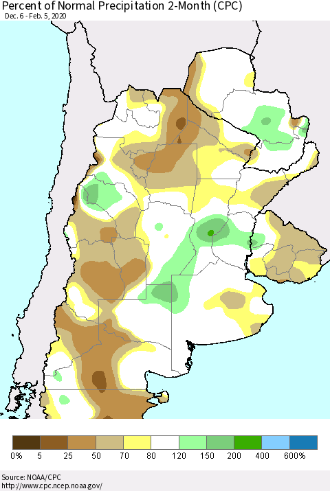 Southern South America Percent of Normal Precipitation 2-Month (CPC) Thematic Map For 12/6/2019 - 2/5/2020