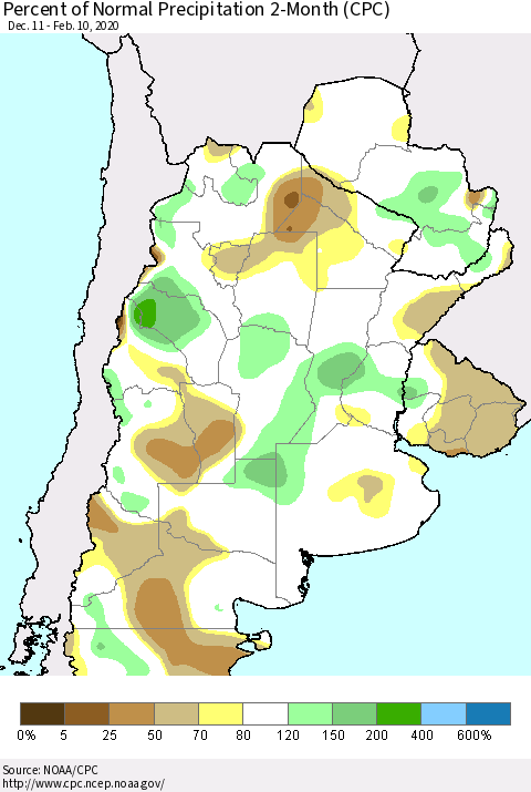 Southern South America Percent of Normal Precipitation 2-Month (CPC) Thematic Map For 12/11/2019 - 2/10/2020