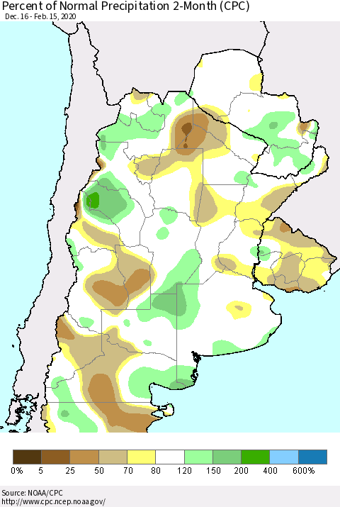 Southern South America Percent of Normal Precipitation 2-Month (CPC) Thematic Map For 12/16/2019 - 2/15/2020