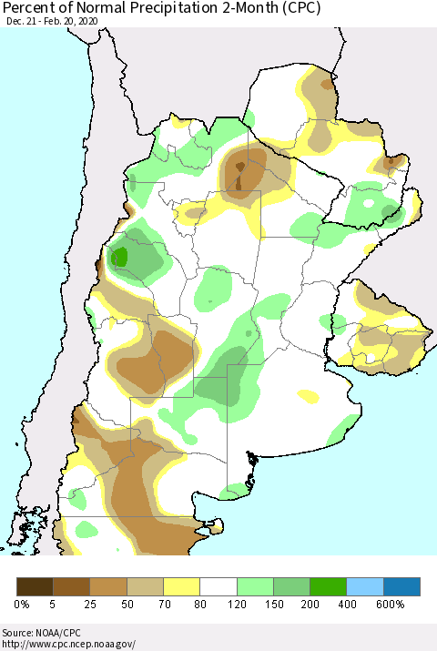 Southern South America Percent of Normal Precipitation 2-Month (CPC) Thematic Map For 12/21/2019 - 2/20/2020