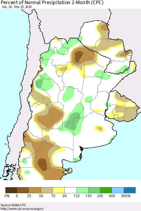 Southern South America Percent of Normal Precipitation 2-Month (CPC) Thematic Map For 12/26/2019 - 2/25/2020