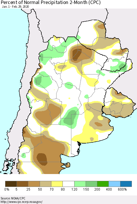 Southern South America Percent of Normal Precipitation 2-Month (CPC) Thematic Map For 1/1/2020 - 2/29/2020