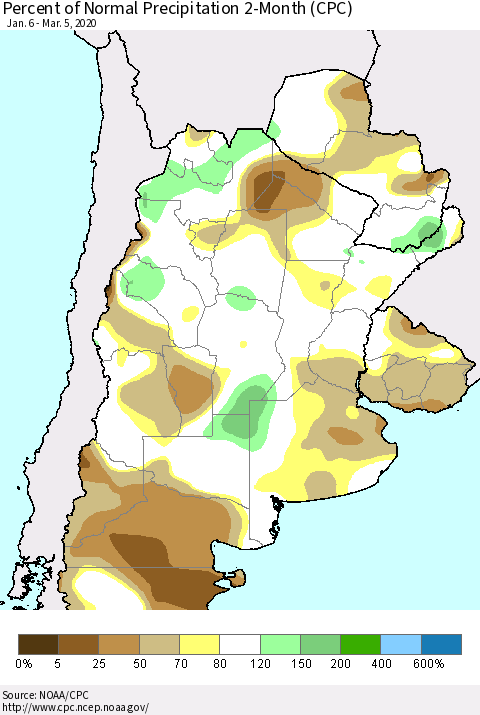 Southern South America Percent of Normal Precipitation 2-Month (CPC) Thematic Map For 1/6/2020 - 3/5/2020
