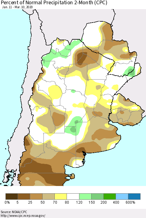 Southern South America Percent of Normal Precipitation 2-Month (CPC) Thematic Map For 1/11/2020 - 3/10/2020