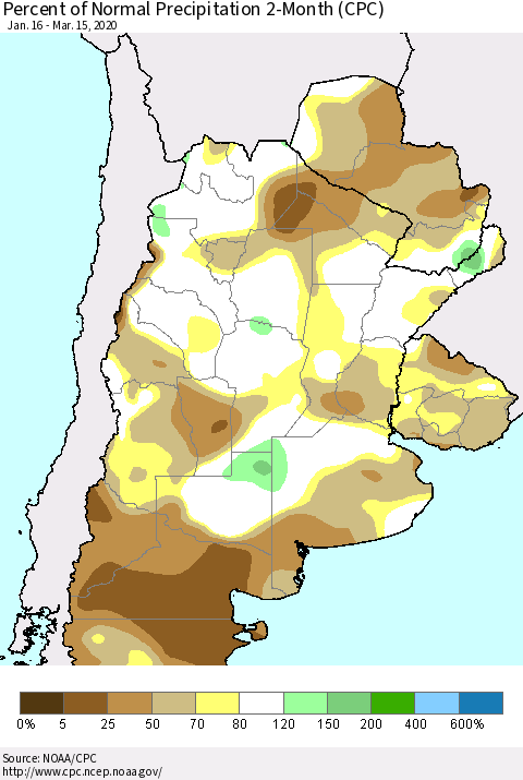 Southern South America Percent of Normal Precipitation 2-Month (CPC) Thematic Map For 1/16/2020 - 3/15/2020