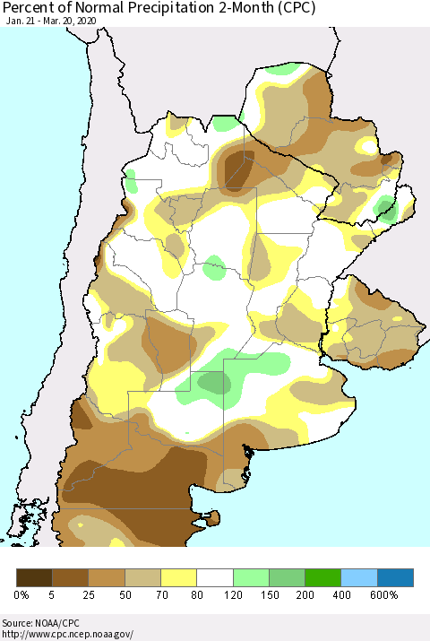 Southern South America Percent of Normal Precipitation 2-Month (CPC) Thematic Map For 1/21/2020 - 3/20/2020