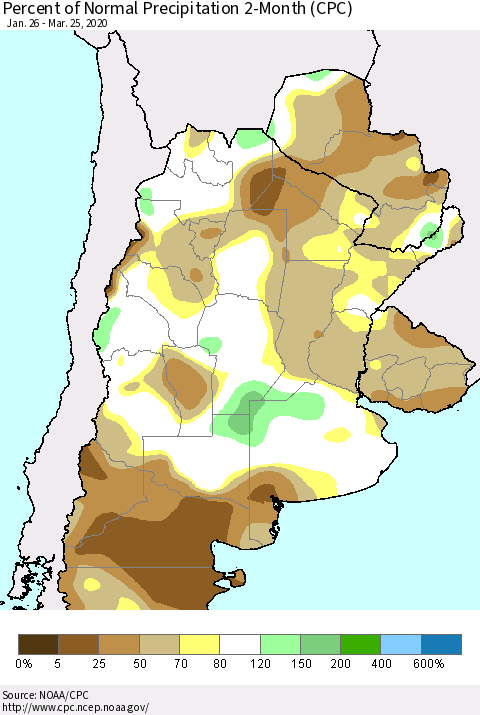 Southern South America Percent of Normal Precipitation 2-Month (CPC) Thematic Map For 1/26/2020 - 3/25/2020