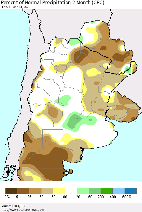 Southern South America Percent of Normal Precipitation 2-Month (CPC) Thematic Map For 2/1/2020 - 3/31/2020