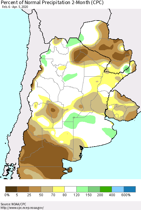 Southern South America Percent of Normal Precipitation 2-Month (CPC) Thematic Map For 2/6/2020 - 4/5/2020