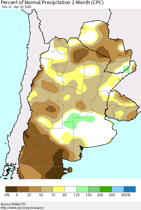 Southern South America Percent of Normal Precipitation 2-Month (CPC) Thematic Map For 2/11/2020 - 4/10/2020