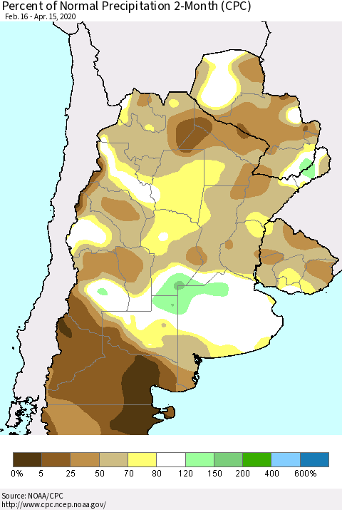 Southern South America Percent of Normal Precipitation 2-Month (CPC) Thematic Map For 2/16/2020 - 4/15/2020
