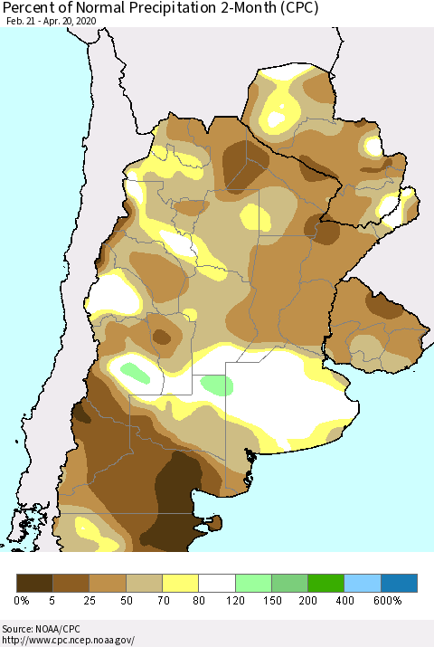 Southern South America Percent of Normal Precipitation 2-Month (CPC) Thematic Map For 2/21/2020 - 4/20/2020