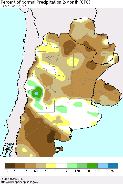 Southern South America Percent of Normal Precipitation 2-Month (CPC) Thematic Map For 2/26/2020 - 4/25/2020