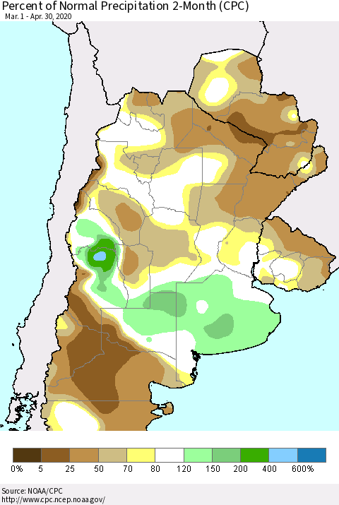 Southern South America Percent of Normal Precipitation 2-Month (CPC) Thematic Map For 3/1/2020 - 4/30/2020