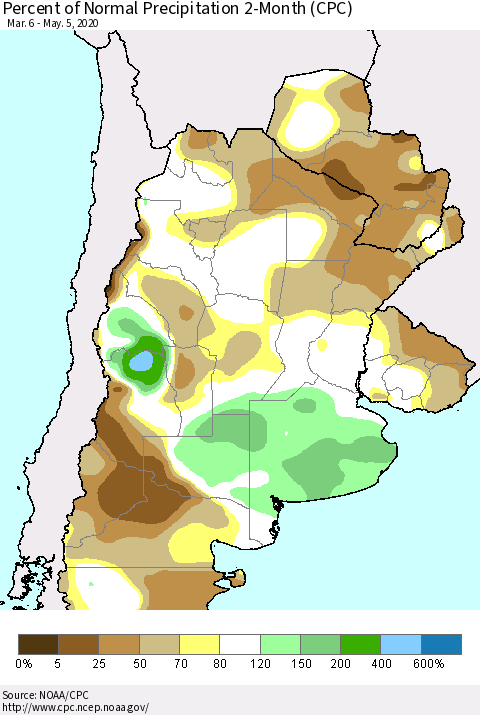 Southern South America Percent of Normal Precipitation 2-Month (CPC) Thematic Map For 3/6/2020 - 5/5/2020
