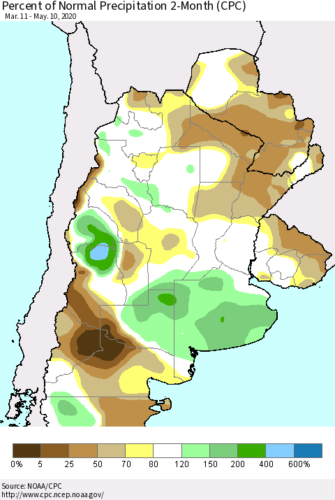 Southern South America Percent of Normal Precipitation 2-Month (CPC) Thematic Map For 3/11/2020 - 5/10/2020