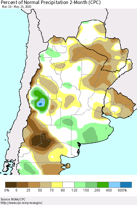 Southern South America Percent of Normal Precipitation 2-Month (CPC) Thematic Map For 3/16/2020 - 5/15/2020