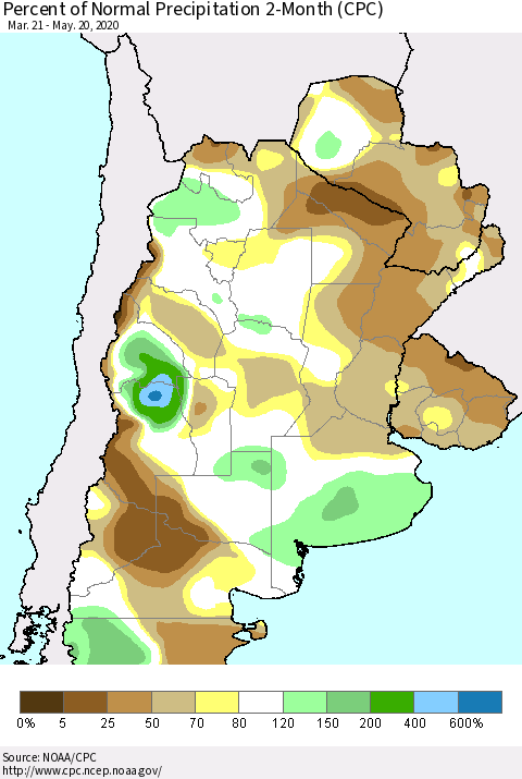 Southern South America Percent of Normal Precipitation 2-Month (CPC) Thematic Map For 3/21/2020 - 5/20/2020