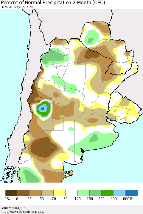 Southern South America Percent of Normal Precipitation 2-Month (CPC) Thematic Map For 3/26/2020 - 5/25/2020