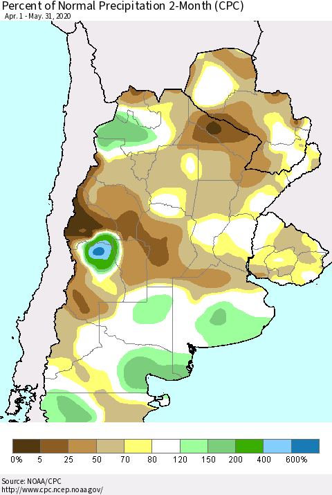 Southern South America Percent of Normal Precipitation 2-Month (CPC) Thematic Map For 4/1/2020 - 5/31/2020