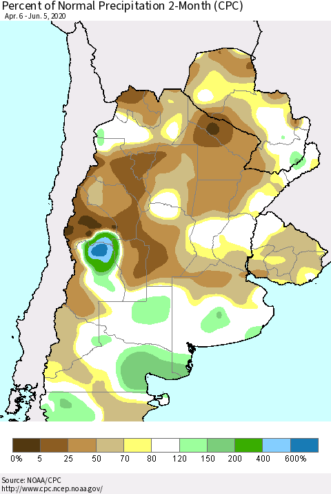 Southern South America Percent of Normal Precipitation 2-Month (CPC) Thematic Map For 4/6/2020 - 6/5/2020