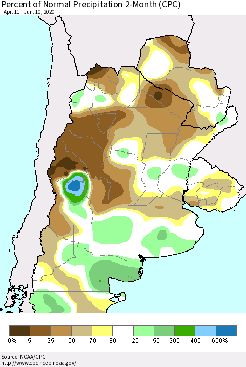 Southern South America Percent of Normal Precipitation 2-Month (CPC) Thematic Map For 4/11/2020 - 6/10/2020