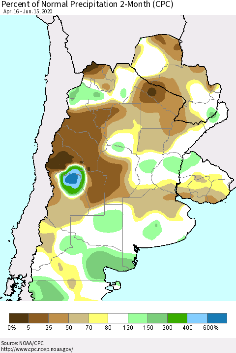 Southern South America Percent of Normal Precipitation 2-Month (CPC) Thematic Map For 4/16/2020 - 6/15/2020