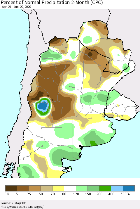 Southern South America Percent of Normal Precipitation 2-Month (CPC) Thematic Map For 4/21/2020 - 6/20/2020