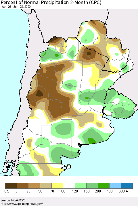 Southern South America Percent of Normal Precipitation 2-Month (CPC) Thematic Map For 4/26/2020 - 6/25/2020