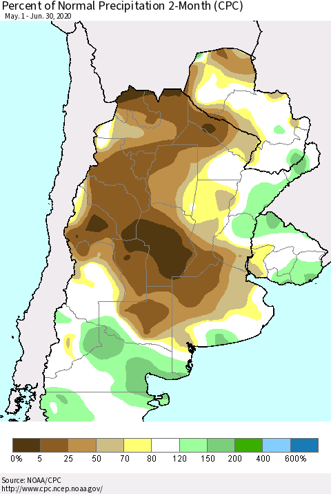Southern South America Percent of Normal Precipitation 2-Month (CPC) Thematic Map For 5/1/2020 - 6/30/2020