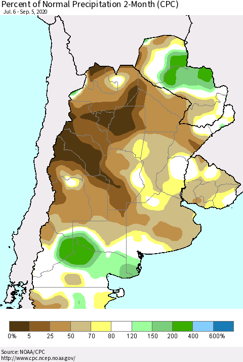 Southern South America Percent of Normal Precipitation 2-Month (CPC) Thematic Map For 7/6/2020 - 9/5/2020