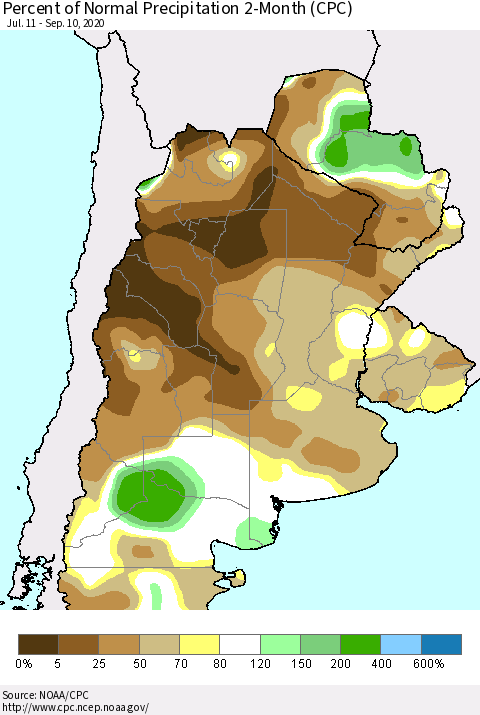 Southern South America Percent of Normal Precipitation 2-Month (CPC) Thematic Map For 7/11/2020 - 9/10/2020