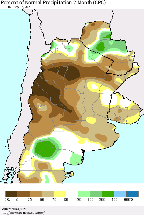 Southern South America Percent of Normal Precipitation 2-Month (CPC) Thematic Map For 7/16/2020 - 9/15/2020